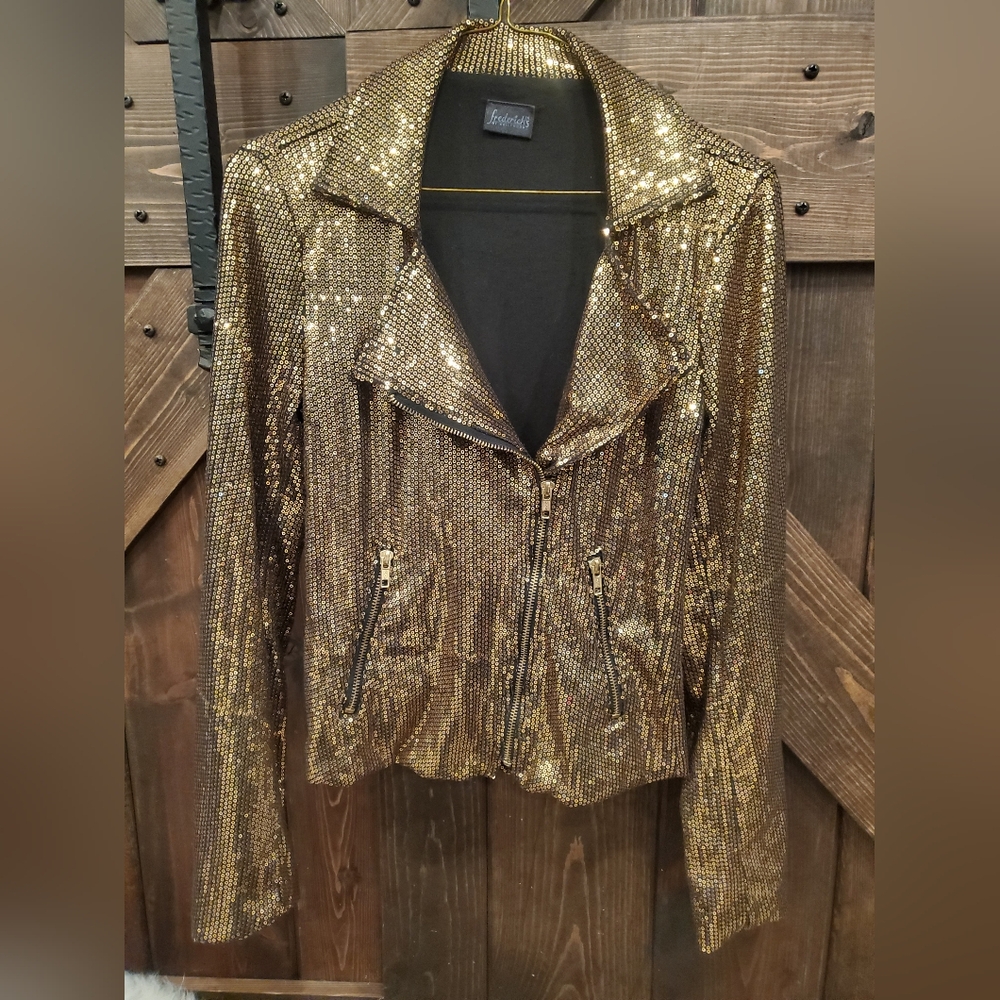 Fredericks of Hollywood gold sparkle sequin moto zipper jacket blazer